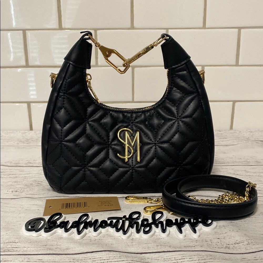 *Steve Madden BSILVIA Mini Quilted Mini Crescent Moon Purse in Black and Gold